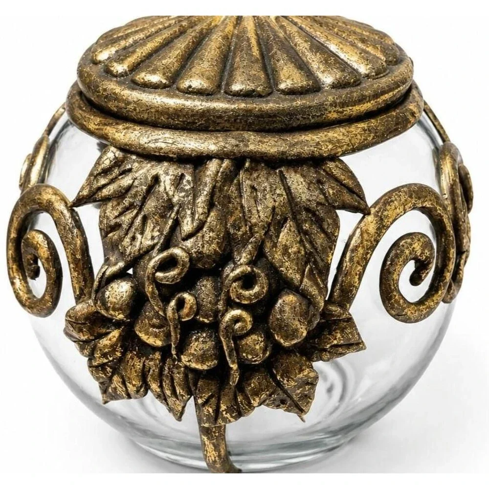 Ornate Gold Grapevine Glass Jar with Lid – Made in Philippines